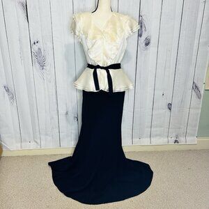 Vintage Wayne Clark Cap Sleeve Silk Dress Ruffle Neck Maxi Skirt Belted Sz 10